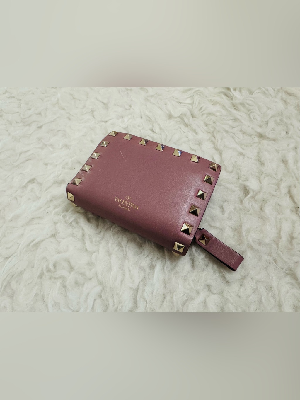 Valentino Garavani Studded Leather Zip Wallet In Deep Berry